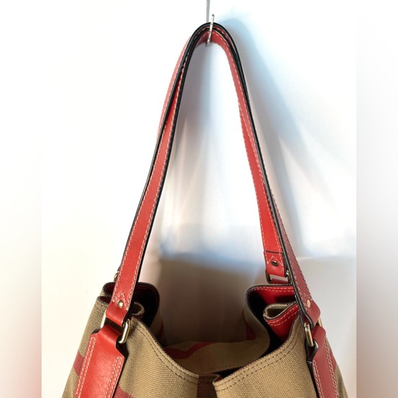 Burberry Maidstone Large Check Canvas Tote Bag Red Leather Trim - Picture 3 of 16